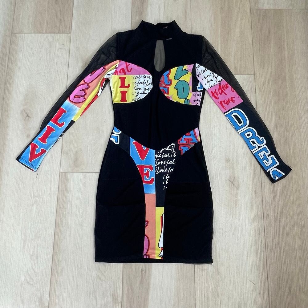 I Heart Ronson Colorful Mesh Graphic Mini Dress Sz M Retro- Statement Dress